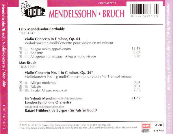 Mendelssohn / Bruch - Violin Concertos CD Import Sealed
