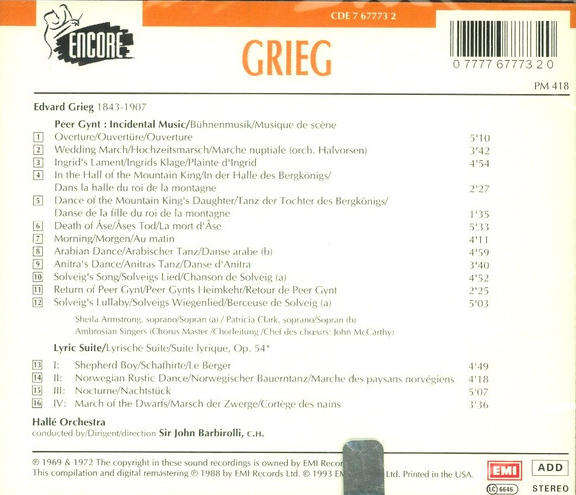 Grieg - Peer Gynt Suite  Lyric Suite / Barbirolli CD Import Sealed