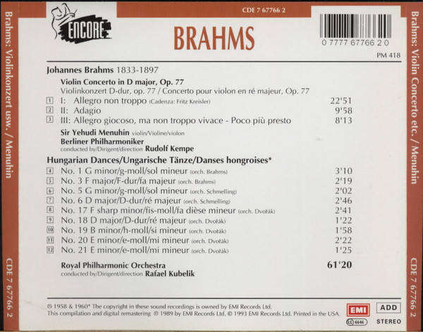 Brahms - Violin Concerto  Hungarian Dances Nos 1, 3, 5, 6, 1721 CD Import Sealed