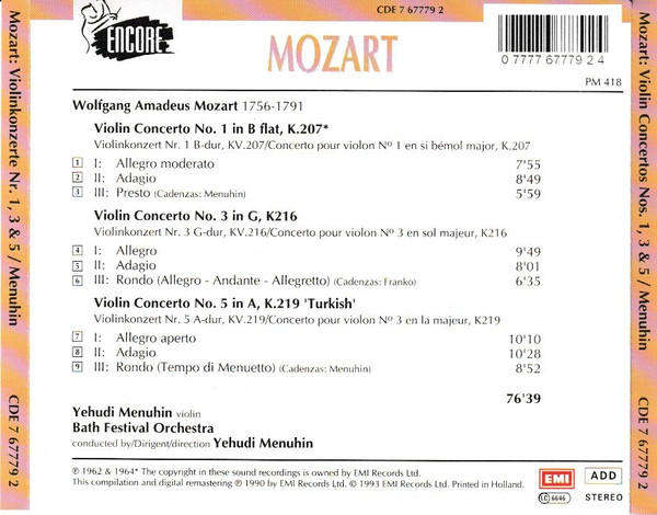 Mozart - Violin Concertos Nos 1, 3 & 5 CD Import Sealed
