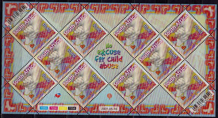 RSA 2001, 16 May. CHILD ABUSE CAMPAIGN, sheetlet, MNH, CV R 150.00 view scans
