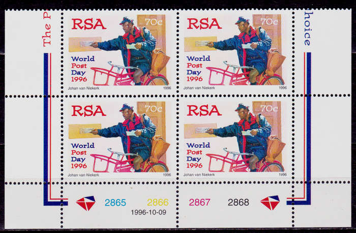 RSA 1996, 9 Oct. WORLD POST DAY, control, MNH, CV R 20.00 View scans