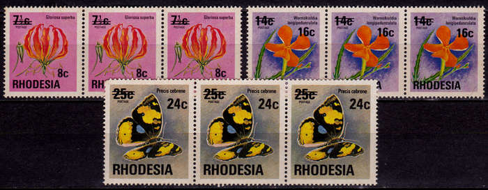 RHODESIA 1976, 1 July, SURCHARGES ON 1974 DEFINITIVES, set x 3, MNH, CV R 27.00 view scans