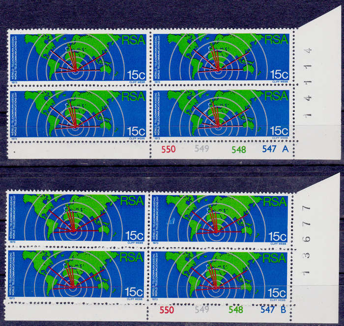 RSA 1973, 24 Oct. WORLD COMMUNICATIONS DAY, single controls A B, MNH, CV R 90.00, view scans.