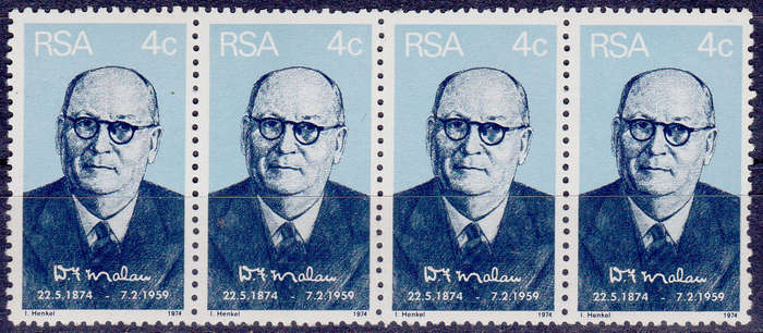 RSA 1974, 22 May. 100th ANNIV BIRTH Dr DF MALAN, single strip, MNH, CV R 8.00, view scans.