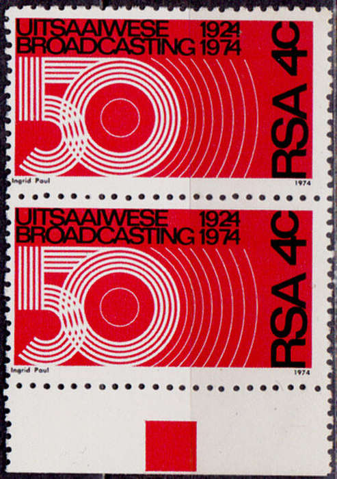 RSA 1974, 13 July. 50th ANNIV OF BROADCASTING IN SA, single pair, MNH, CV R 5.00 view scans