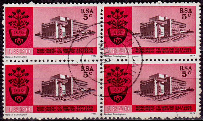 RSA 1974, 13 July. INAUG BRITISH SETTLERS MONUMENT, single block, CTO, CV R ?? view scans
