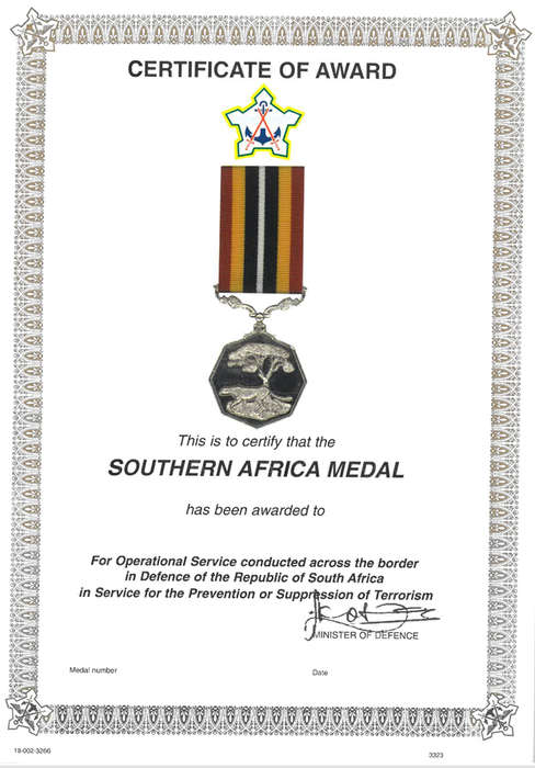 SA Army Certificate of Award for Operational Serviced Conducted Across the Boarder.