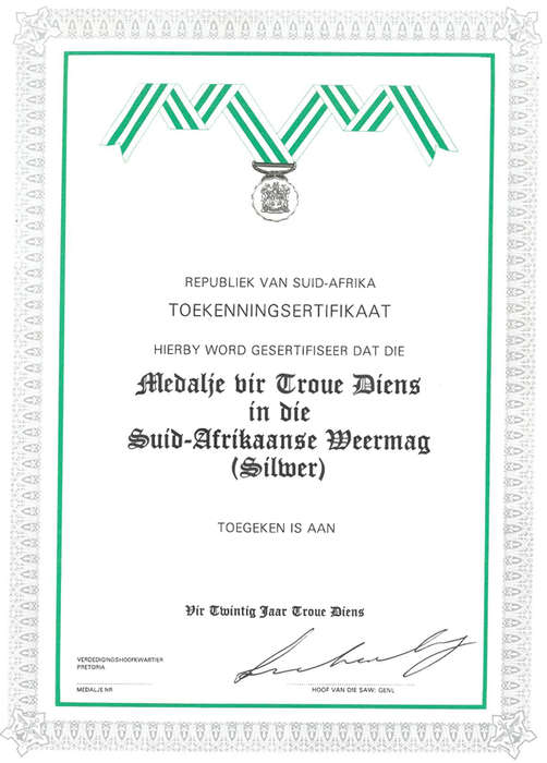 Toekinnings Certificate for 20 years service.