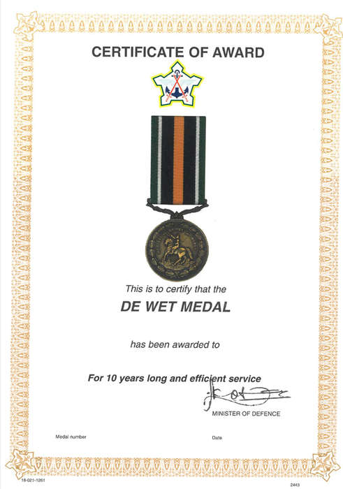 SA army DE Wet Certificate of Award for Ten years good service