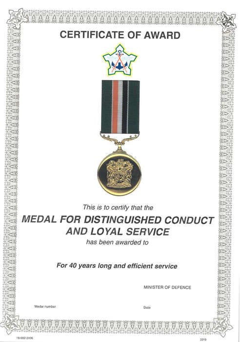 SA army Certificate of Award for 40 years For Distinguished Conduct and Loyal Service.