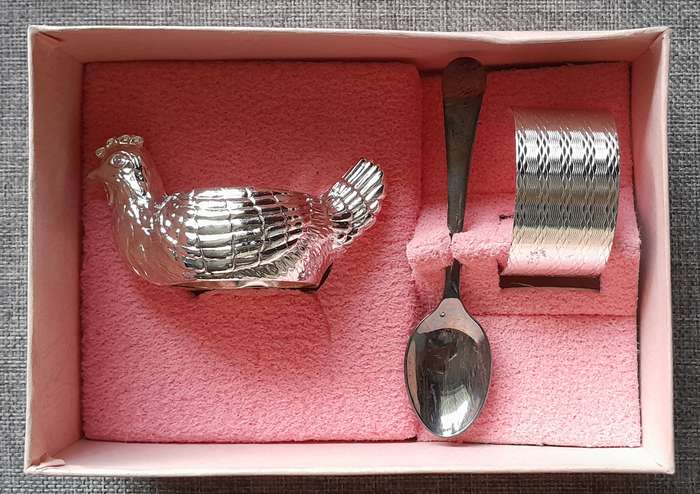 Vintage Queen Anne Silver Plated Child's Egg Breakfast Set, Chicken Egg Cup, Napkin Ring & Spoon