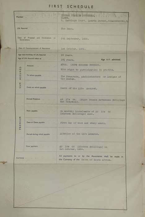 * 1939 * Southern Life Association Life Policy