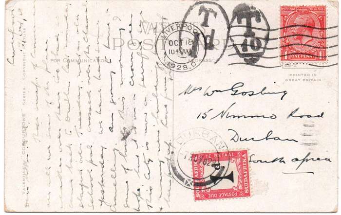 1918 Scarce incoming postcard from UK with Postage Due in VFU-condition