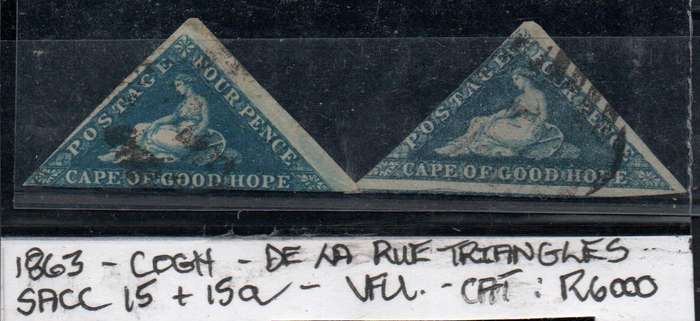 1863 COGH 2 x scarce 4d De La Rue triangles in used-condition