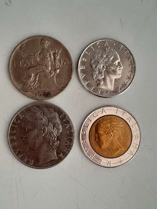ITALIAN LIRA COINS - 1 Lira, 50 Lira, 100 Lira and 500 Lira.
