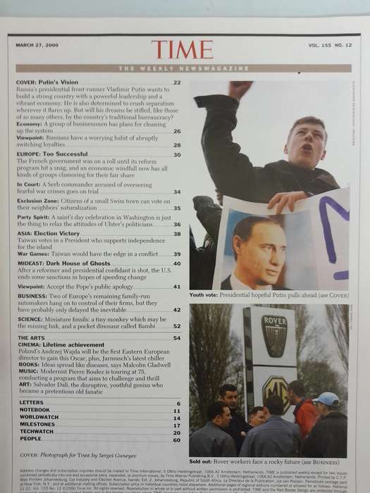 Time Magazine - March 27, 2000 and January 22, 2001 - Vladimir Putin.