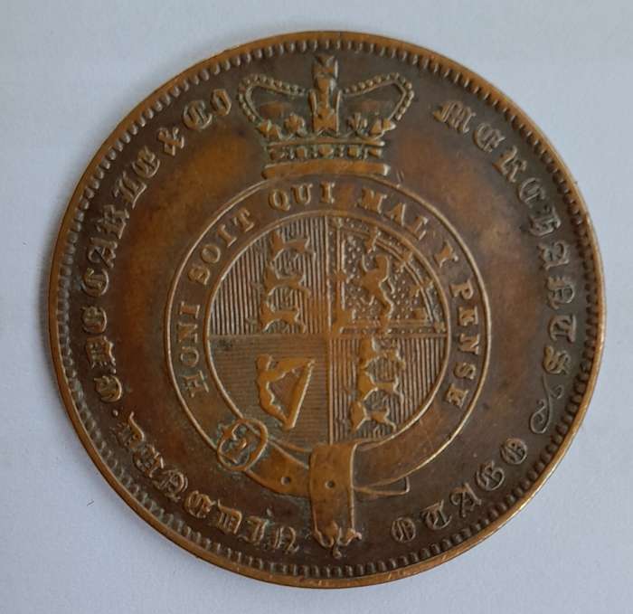 Token - 1 Penny, E. De Carle & Co, Merchants, Dunedin, Otago, New Zealand, 1862