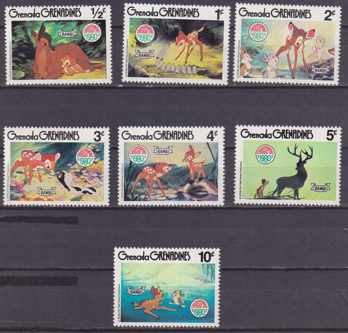 7 DISNEY STAMPS - BAMBI - CHRISTMAS 1980- GRENADA GRENADINES