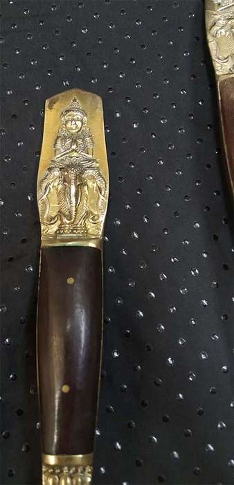 Vintage Nickel Bronze Serving Spoon & Fork with Wooden Handles - Thailand