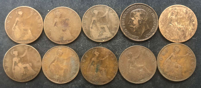 PENNY BRITISH 1913, 1916, 1917 x 2, 1918, 1919, 1920, 1921 x 2 & 1928 GEORGE V COLLECTION OF TEN