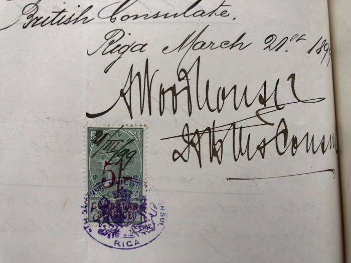 STAMPS (5 IN ALL) ON 1899 DOCUMENT GENERAL WILHELM BARON VON NOLCKEN PAIR 5/- OVERPRINT.............