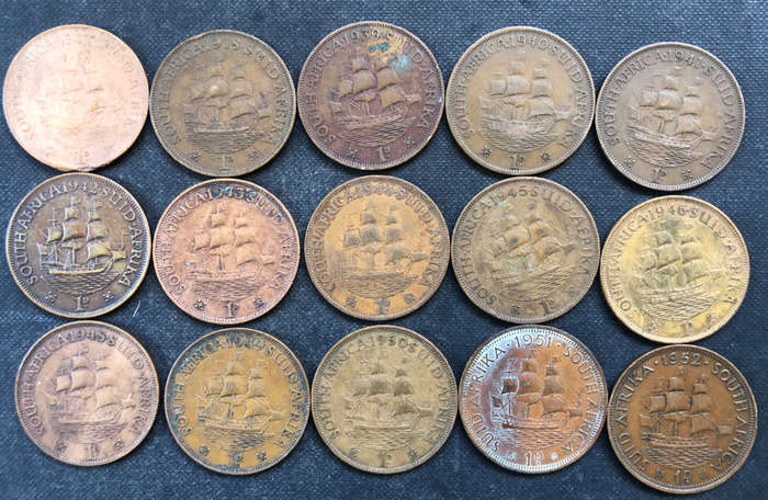 PENNY 1937 - 1946, 1948 - 1952 COLLECTION OF 15 UNION OF SOUTH AFRICA COINS