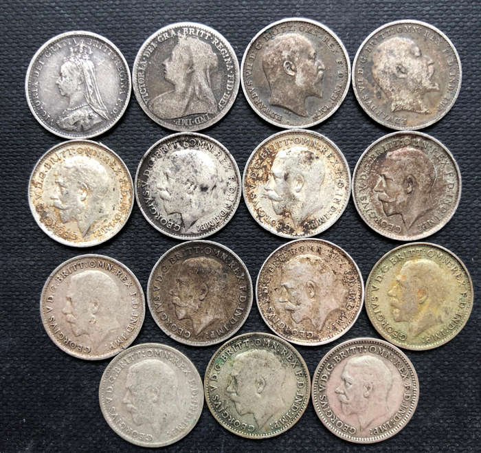 Silver UK Threepence 1889 1897 1902 1906 1911 1912 1913 1914 1917 1920 1921 1922 1931 15 Coins Total