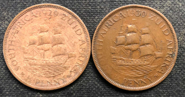 HALF PENNY 1929 1930 TWO UNION OF SOUTH AFRICA COINS