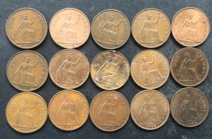 BRITISH PENNY, 1937, 1939, 1940, 1944, 1945, 1946, 1947, 1948, 1949, 1961, 1962, 1963, 1965, 1966...