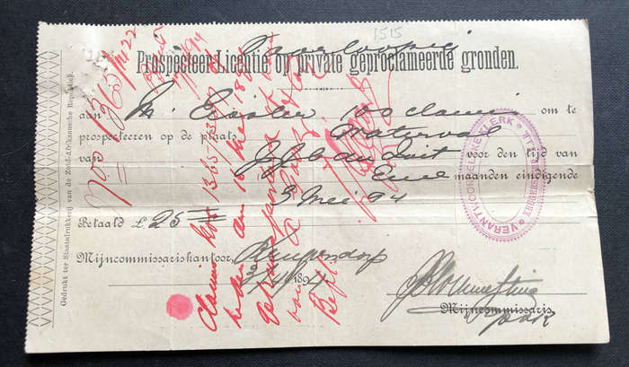 STAMP 1894 ZUID AFRIKAANSCHE REPUBLIEK VIJF SHILLINGS ZEGELRECHT ON GOLD CLAIM DOCUMENT PLUS .....