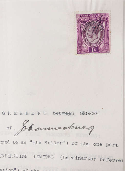 STAMP 1921 UNION OF SOUTH AFRICA ONE SHILLING REVENUE ON DOCUMENT AGREEMENT FOR PROSPECTING RIGHTS