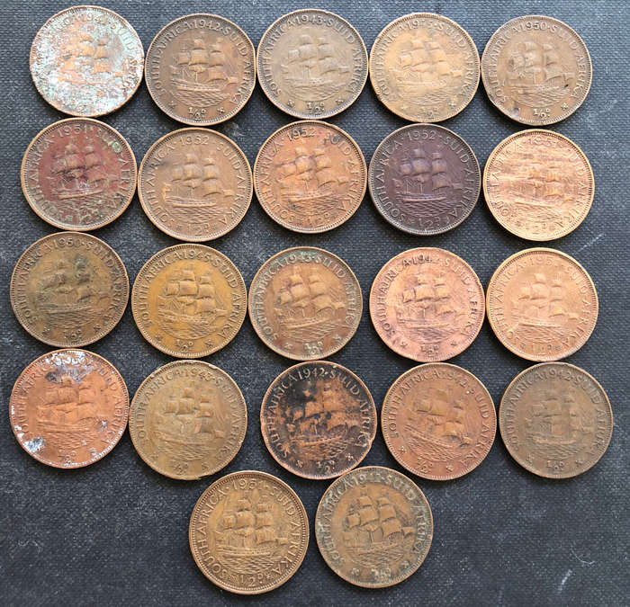 HALF PENNY 1941, 1942, 1943, 1945, 1050, 1951 AND 1952 COLLECTION OF 22 UNION OF SOUTH AFRICA