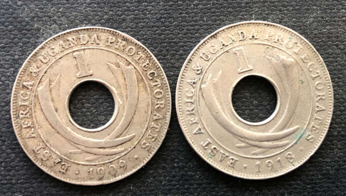 EAST AFRICA AND UGANDA PROTECTORATES 1909 1918 ONE CENT COLLECTION OF TWO COINS