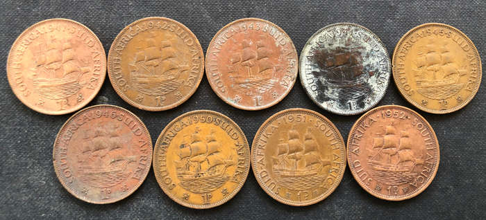 PENNY 1941 - 1946, 1950 - 1952 COLLECTION OF 9 UNION OF SOUTH AFRICA COINS