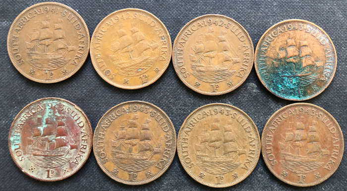PENNY 1941, 1942 x 2, 1943 x 5 COLLECTION OF 8 UNION OF SOUTH AFRICA COINS
