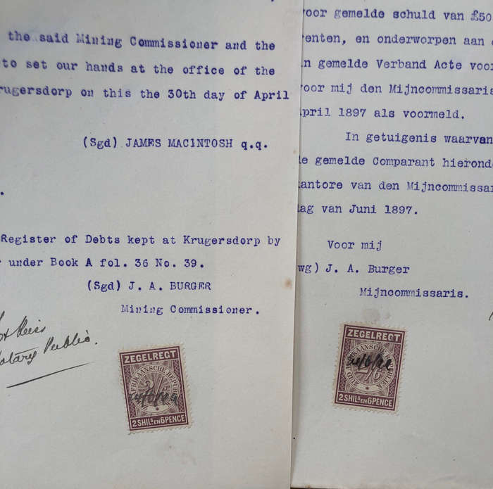 STAMPS 3 ZUID AFRIKAANSCHE REPUBLIEK ZEGELREGT 2/6d REVENUE 1897 ON VIOLET GOLD MINE DOCUMENTS