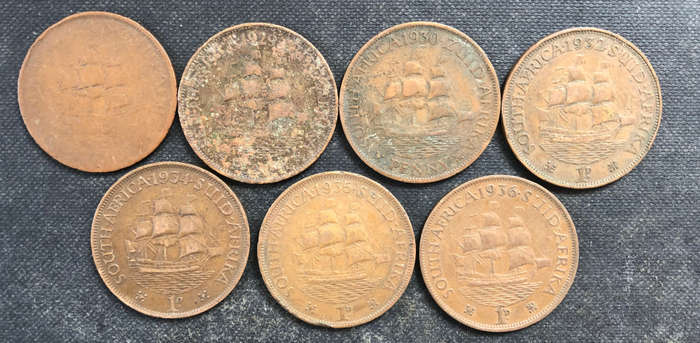 PENNY 1928 1929 1930 1932 1934 1935 1936 UNION OF SOUTH AFRICA COLLECTION OF 7 COINS