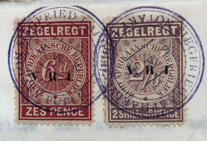 STAMPS FIVE 1900 ZUID AFRIKAANSCHE REPUBLIEK ZEGELREGT WITH VRI OVERPRINT ON GOLD MINING DOCUMENT