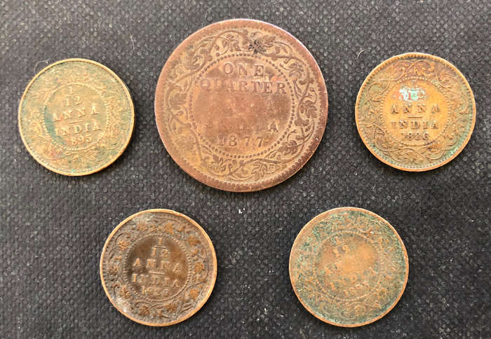 INDIA 1877 1886 1895 1920 1/4 Anna & 1/12 Anna Collection of 5 Coins