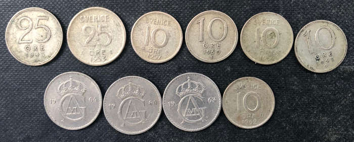 SWEDEN Silver 1945 1953 25 Ore Silver 1942 1950 1954 1957 10 Ore 1963 1964 25 Ore 1962 10 Ore