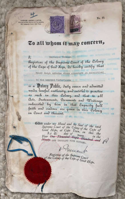 STAMPS A 10 SHILLINGS AND 3 X 5/- CAPE OF GOOD HOPE REVENUE ON LUIPERDSVLEI GOLDFIELDS DOCUMENT 1900