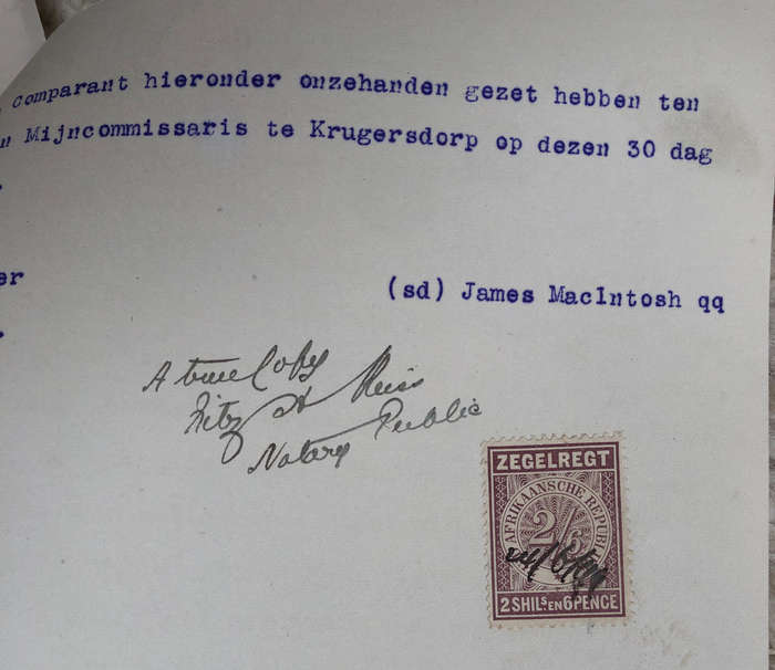STAMPS 3 ZUID AFRIKAANSCHE REPUBLIEK ZEGELREGT 2/6d REVENUE 1897 ON VIOLET GOLD MINE DOCUMENTS
