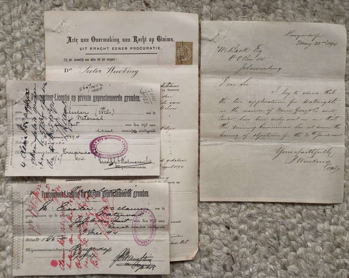 STAMP 1894 ZUID AFRIKAANSCHE REPUBLIEK VIJF SHILLINGS ZEGELRECHT ON GOLD CLAIM DOCUMENT PLUS .....