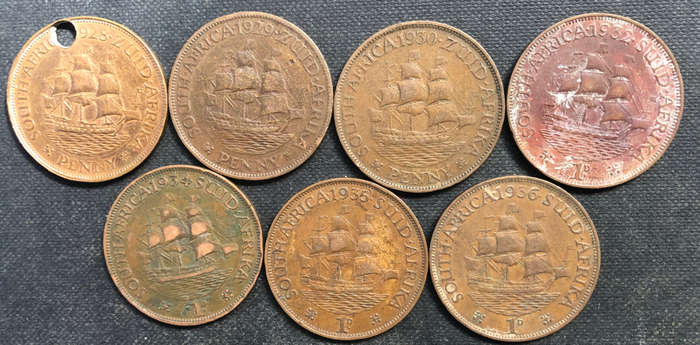 PENNY 1928 1929 1930 1932 1934 1935 1936 UNION OF SOUTH AFRICA COLLECTION OF 7 COINS
