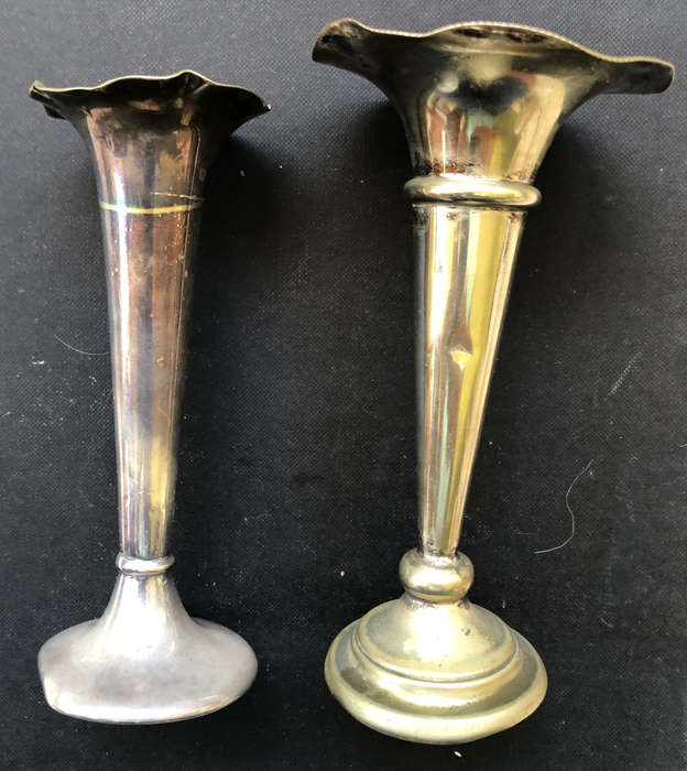 SILVER PLATED TWO BUD OR POSY VASES ONE SIGNED JRC & S LTD CIRCA 1900 & THE OTHER SIGNED EPNS