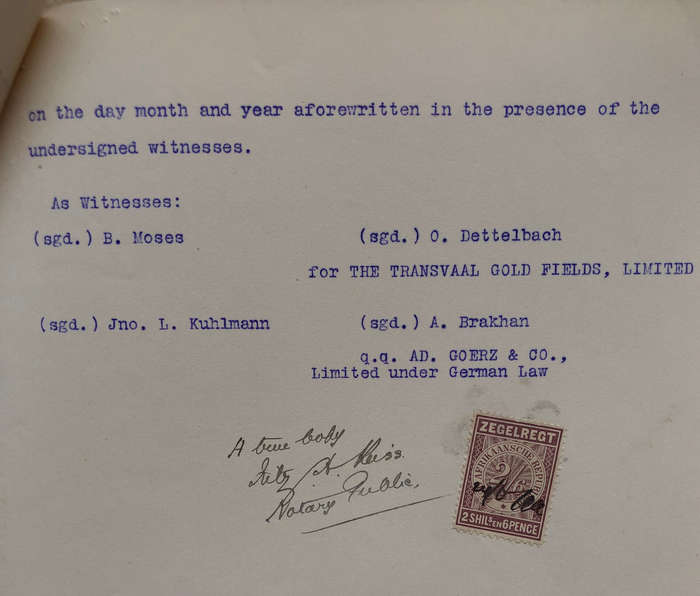 STAMP ZUID AFRIKAANSCHE REPUBLIEK ZEGELREGT 1897 ON GOLDFIELDS LEASE DOCUMENT
