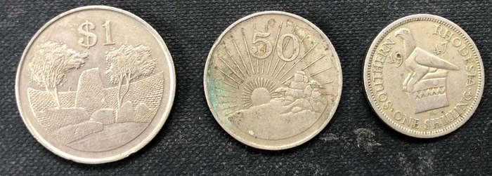 SOUTHERN RHODESIA 1947 SHILLING, ZIMBABWE 1980 50 CENTS AND ZIMBABWE 1980 $1