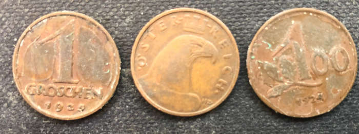 AUSTRIA 1924 1925 1 Groschen and 1 Kronen Collection of 3 Coins