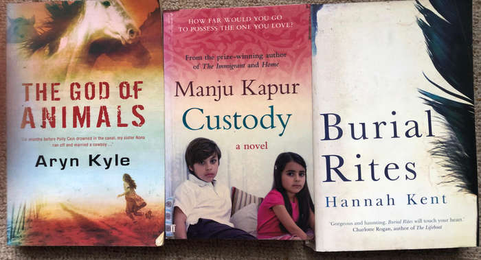 The God of Animals by Aryn Kyle Custody by Manju Kapur Burial Rites by Hannah Kent